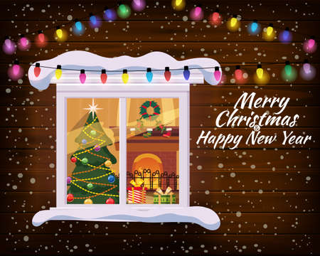 Merry Chrismas, window, night, decoraions garland retro, living room christmas tree. Xmas and new Year holiday celebration. Vector illustration flat cartoon styleのイラスト素材