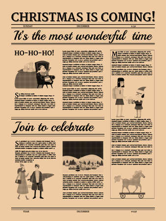 Christmas newspaper poster, old paper retro style. Greering Merrry Christmas and Happy new Year. Vector illustration decoration designのイラスト素材