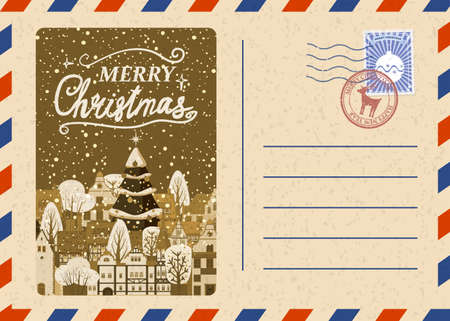 Christmas and Happy New Year greeting holiday postcard, old winter city xmas vintage background. Vector illustration invitation card retroのイラスト素材