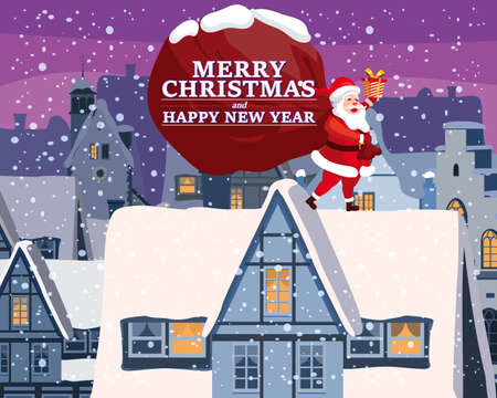 Santa Claus with big bag of gifts delivery gifts on the roof. Night winter city, european urban landscape, noel. Vector illustration poster, greeting card cartoon styleのイラスト素材