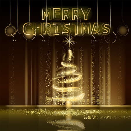 Christmas tree gold lights dust decoration, golden blurred magic glow on dark background. Merry Christmas holiday celebration. Vector illustration banner greeting cardのイラスト素材