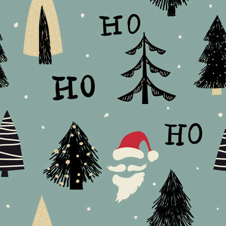 Hohoho seamless pattern, Santa Claus laugh. Santa red hat, white beard, mustache, pine, fir. Vector illustration backgroundのイラスト素材