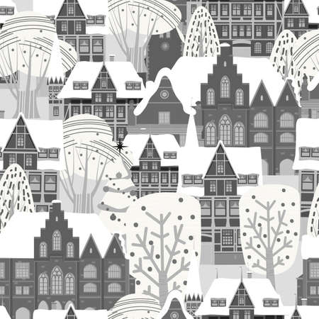 City Winter seamless pattern. European old architecture , houses trees snow. Vector illustrationのイラスト素材