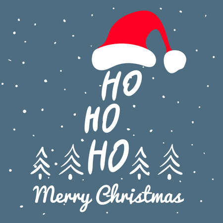 Ho-Ho-Ho Merry Christmas greeting card, Santa Claus hat. Vector illustration flat cartoon styleのイラスト素材