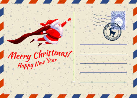 Christmas and Happy New Year greeting holiday postcard, Santa Claus funny as Superhero wearing cape flying, xmas vintage background. Vector illustration invitation card retroのイラスト素材