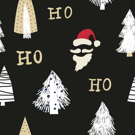 Hohoho seamless pattern, Santa Claus laugh. Santa red hat, white beard, mustache, pine, fir. Vector illustration backgroundのイラスト素材