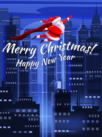 Santa Claus funny as Superhero wearing cape flying over the night modern city, buildings, skyscrapers giving out gift boxes. Merry Christmas poster background cartoon style illustrationのイラスト素材