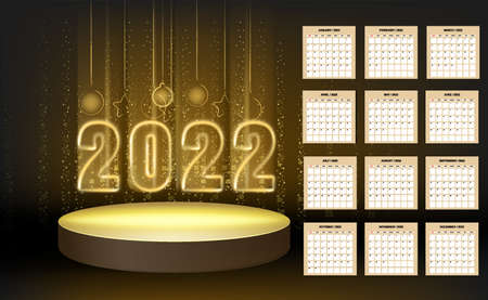 2022 New Year Calendar shiny gold color shiny numbers banner, stage podium. Week starts from Sunday. Realistic text flash light, golden particles, glitter, sparkles dust, black background. Vector illustration isolatedのイラスト素材