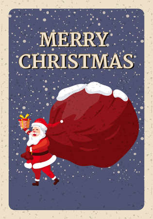 Merry Christmas poster, Santa Claus with big sack of gifts, retro invitation. Vector illustration vintageのイラスト素材