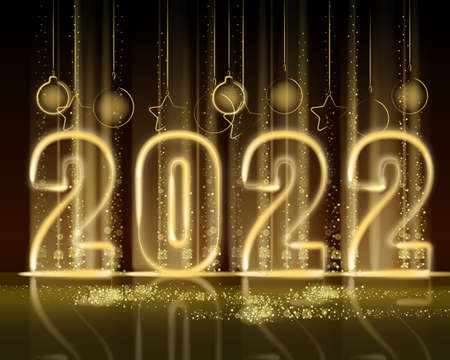 2022 New Year shiny gold color shiny numbers banner. Realistic text flash light, golden particles, glitter, sparkles dust, black background. Vector illustration greeting cardのイラスト素材