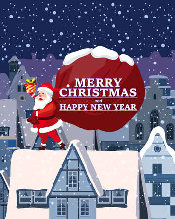 Santa Claus with big sack of gifts delivery gifts on the roof. Night winter city, european urban landscape, noel. Vector illustration poster, greeting card cartoon styleのイラスト素材