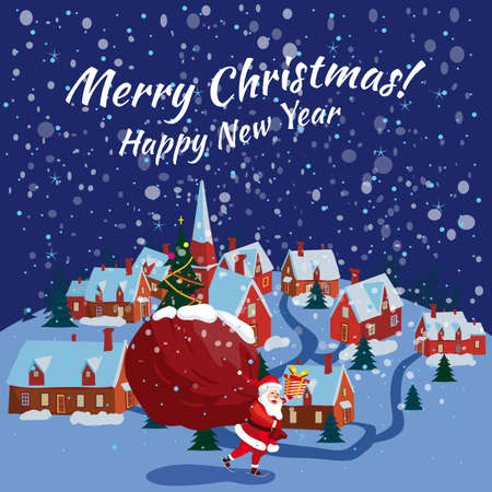 Santa Claus with big sack of gifts delivery gifts . Night winter landscap town, noel. Vector illustration poster, greeting card cartoon styleのイラスト素材