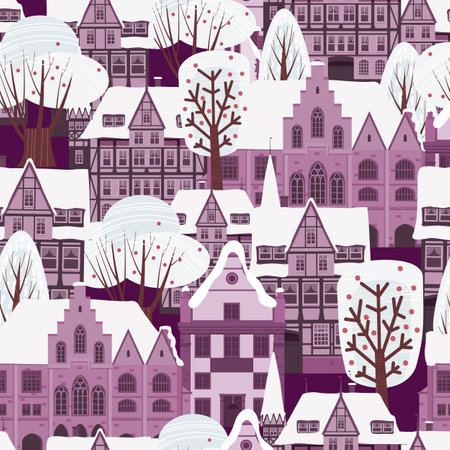 City Winter seamless pattern. European old architecture , houses trees snow. Vector illustrationのイラスト素材
