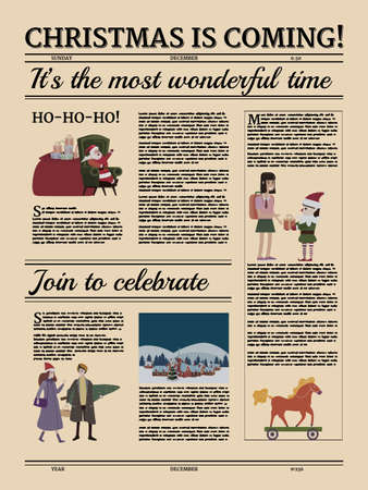 Poster Christmas newspaper old paper retro style. Greering Merrry Christmas and Happy new Year. Vector illustration decoration designのイラスト素材