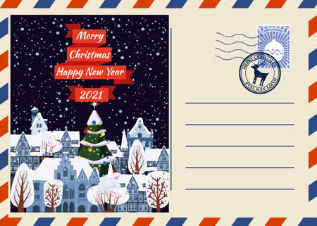 Christmas and Happy New Year greeting holiday postcard, old winter city xmas vintage background. Vector illustration invitation card retroのイラスト素材