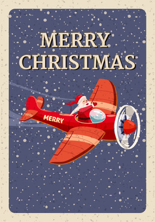 Santa Claus flying on vintage plane. Christmas poster, banner retro cartoon style illustrationのイラスト素材