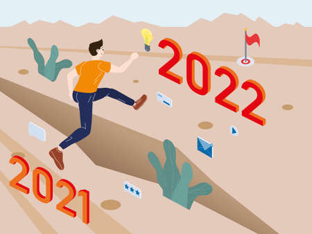 Young man run and jump from 2021 to 2022 years. Success business, energetic, challenge, goal concept. Vector illustration isometric flatのイラスト素材