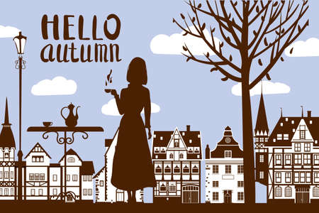 Silhouette elegant girl with cup of coffee, lettering Hello Autumn, cafe table, tree, city houses. Vector illustrationのイラスト素材