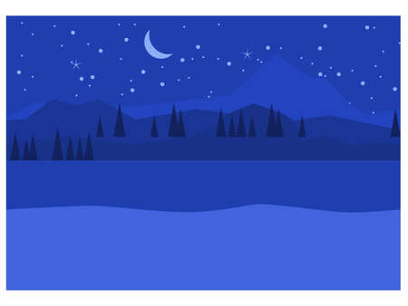 Winter night landscape mountaine, snow field, trees, horizon. Wonderland background, vector illustration minimal styleのイラスト素材