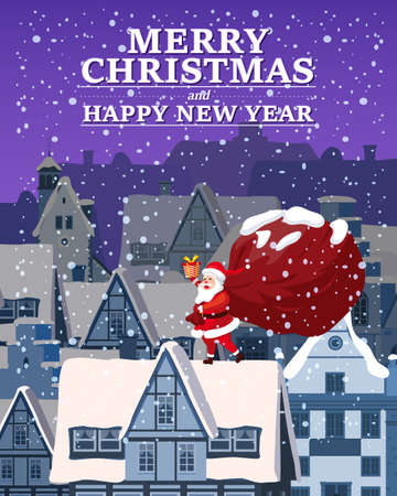 Santa Claus with big sack of gifts delivery gifts on the roof. Night winter city, european urban landscape, noel. Vector illustration poster, greeting card cartoon styleのイラスト素材