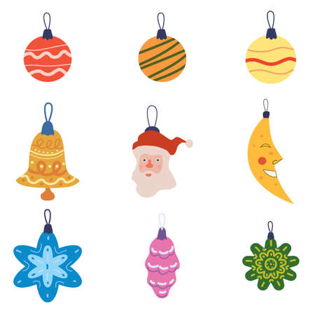 Set of Christmas balls toys, vintage baubles and decoration. Vector collection retro decorations, falt cartoon styleのイラスト素材