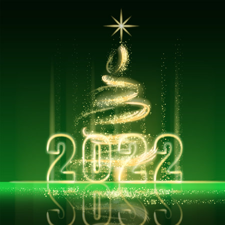 Happy New Year 2022. Merry Christmas tree gold lights dust decoration, golden blurred magic glow on green background. Merry Christmas holiday celebration. Vector illustration banner greeting cardのイラスト素材