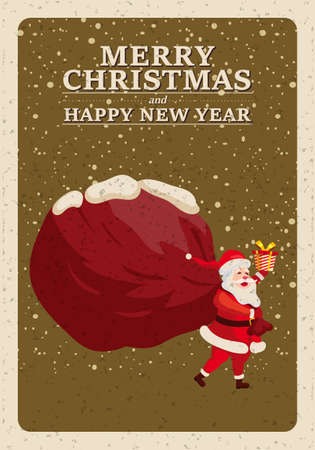 Merry Christmas poster, Santa Claus with big sack of gifts, retro invitation. Vector illustration vintageのイラスト素材