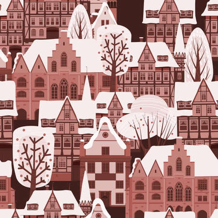 City Winter seamless pattern. European old architecture , houses trees snow. Vector illustrationのイラスト素材
