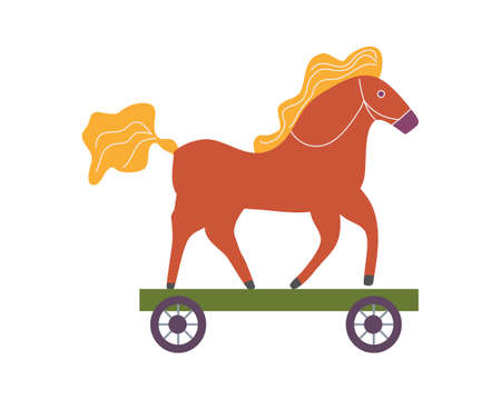 Christmas wooden horse retro toy on wheels. Vector illustration cartoon flat retro, vintageのイラスト素材