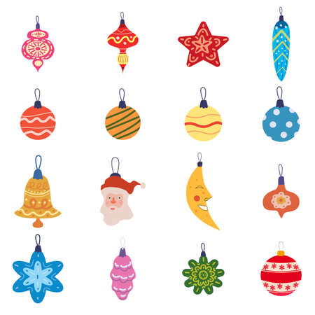 Set of Christmas balls toys, vintage baubles and decoration. Vector collection retro decorations, falt cartoon styleのイラスト素材