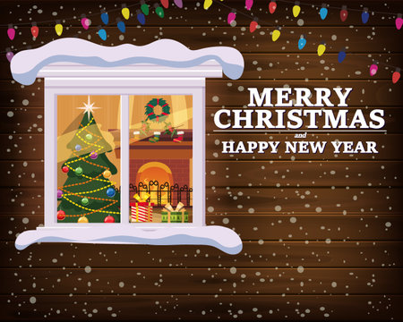 Chrismas window, night, decoraions garland retro, living room christmas tree. Xmas and new Year holiday celebration. Vector illustration flat cartoon styleのイラスト素材