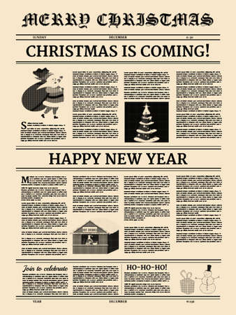 Poster Christmas newspaper old paper retro style. Greering Merrry Christmas and Happy new Year. Vector illustration decoration designの写真素材