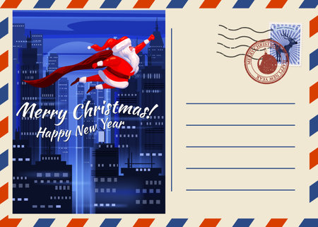 Christmas and Happy New Year greeting holiday postcard, Santa Claus funny as Superhero wearing cape flying, xmas vintage background. Vector illustration invitation card retroのイラスト素材