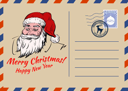 Christmas and Happy New Year greeting holiday postcard, xmas Santa portrait, vintage background. Vector illustration invitation card retroのイラスト素材
