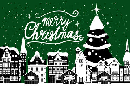 Vintage banner Merry Christmas, winter Europe old town cityscape. Urban landscape greeting card. Vector illustration cartoon retro styleのイラスト素材