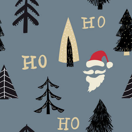 Hohoho seamless pattern, Santa Claus laugh. Santa red hat, white beard, mustache, pine, fir. Vector illustration backgroundのイラスト素材