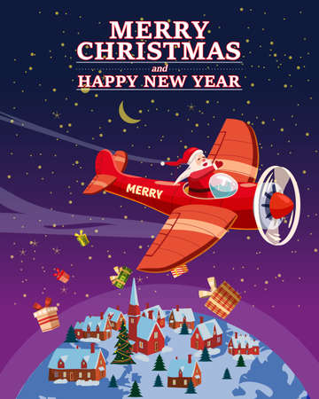 Santa Claus flying on vintage plane, delivering gift boxes in space above the Earth. Christmas poster, banner retro cartoon style illustrationのイラスト素材
