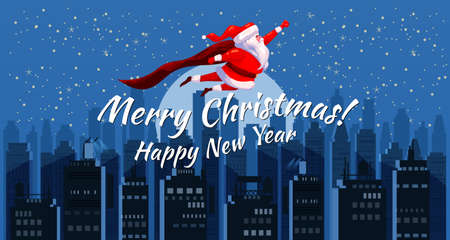Santa Claus funny as Superhero wearing cape flying over the night modern city, buildings, skyscrapers giving out gift boxes. Merry Christmas poster background cartoon style illustrationのイラスト素材