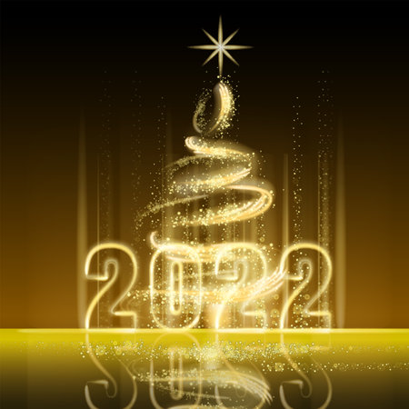 Merry Christmas and Happy New Year 2022, tree gold lights dust decoration, golden blurred magic glow on dark background. Merry Christmas holiday celebration. Vector illustration banner greeting cardのイラスト素材