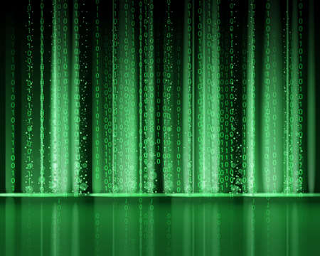 Technology Binary abstract background, matrix style, green color, falling numbers. Digital binary data flow dust on screen. Programming concept, secure data, hacking, piracy, technology, internet. Vector illustration isolatedのイラスト素材