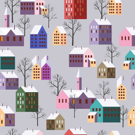 Seamless winter city landscape. Christmas scandinavian town, trees houses, seasone pattern New Year and Christmas holidays. Vector illustration minimalism styleのイラスト素材