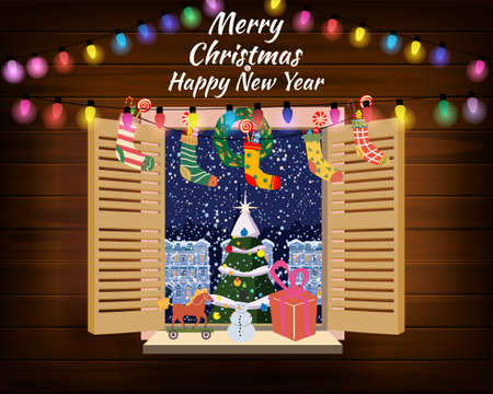 Merry Chrismas window, night, decoraions garland retro, view from the window to the night landscape, retro toys, christmas tree. Xmas and new Year holiday celebration. Vector illustration flat cartoon style isolatedのイラスト素材