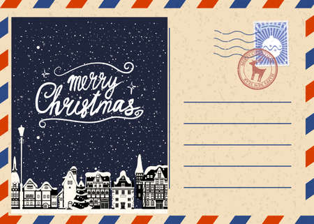 Christmas and Happy New Year greeting holiday postcard, old winter city xmas vintage background. Vector illustration invitation card retroのイラスト素材