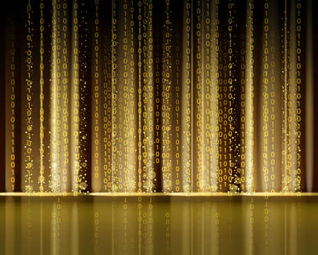 Technology Binary abstract background, matrix style, gold color, falling numbers. Digital binary data flow dust on screen. Programming concept, secure data, hacking, piracy, technology, internet. Vector illustration isolatedのイラスト素材