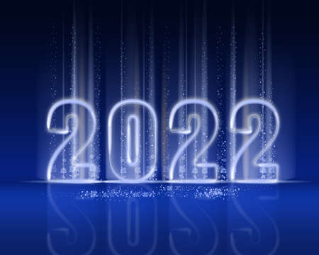 2022 New Year shiny gold color shiny numbers banner. Realistic text flash light, golden particles, glitter, sparkles dust, blue background. Vector illustration greeting cardのイラスト素材
