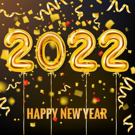 2022 Happy New Year Gold balloons. Gold foil numerals with confetti, ribbons, poster, banner. Vector realistic 3D illustrationのイラスト素材