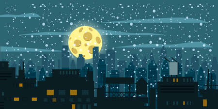 City night illustration, winter, roofs, silhouette. Cityscape modern panorama, urban landscape with downtown scyscrapers, buildings, windows. Vector cartoon styleのイラスト素材