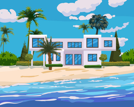 Villa on tropical exotic island coast. Modern luxury cottage, ocean, beach, palms and plants, summertime landscape seachore. Vector illustrationのイラスト素材