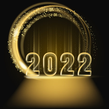 2022 Happy New Year shiny gold color shiny numbers banner design template. Realistic text flash light, flow circle golden particles, glitter, sparkles dust, black background. Vector illustration greeting card isolatedのイラスト素材