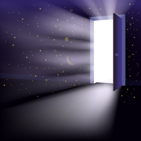 Open Door in universe, abstract mystical light, galaxy stars. Imagination insparation, outer space opening a door to the unknown future. Vector illustrationのイラスト素材